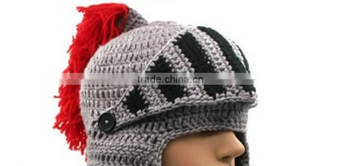 Crochet Roman knight Helmet Hat Handmade Knitted Warm Hat With Beard Costume Hat