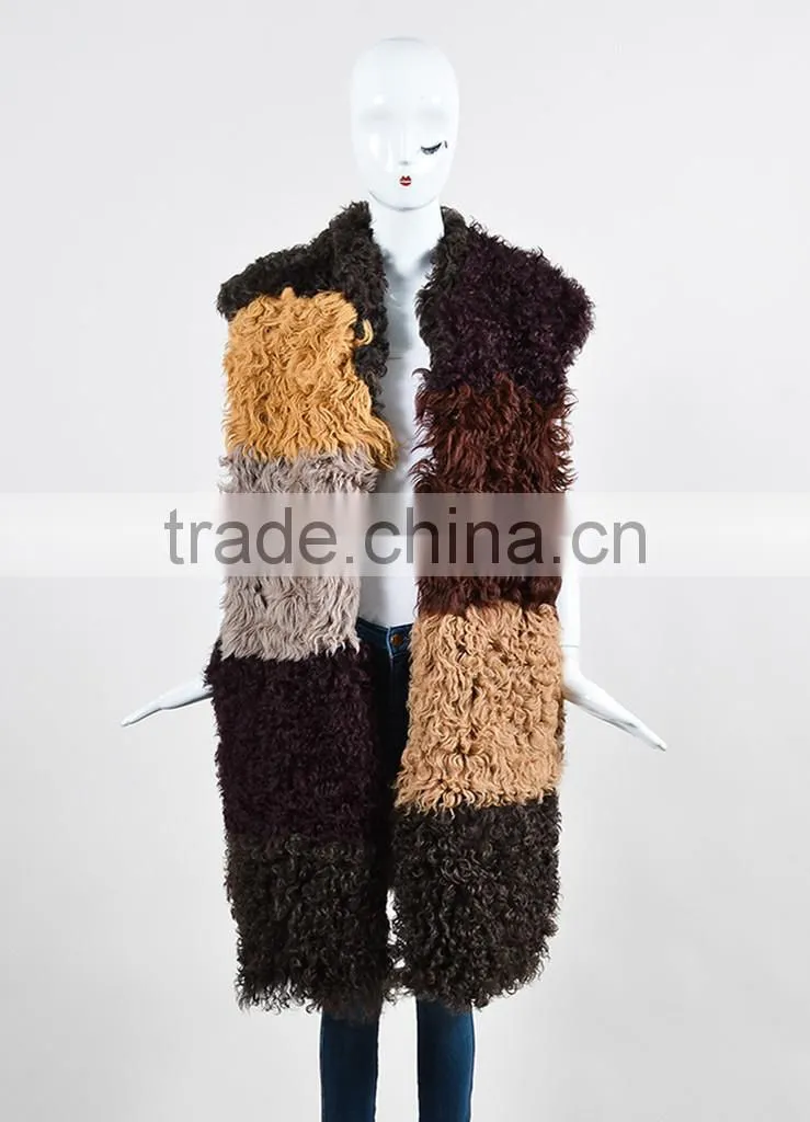 YR772 Genuine Curly Lamb Fur Vest Real Kalgan Sheep Block Color Patchwork Fur Waistcoat