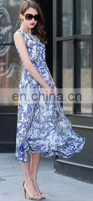 floral chiffon blue sleeveless long dress