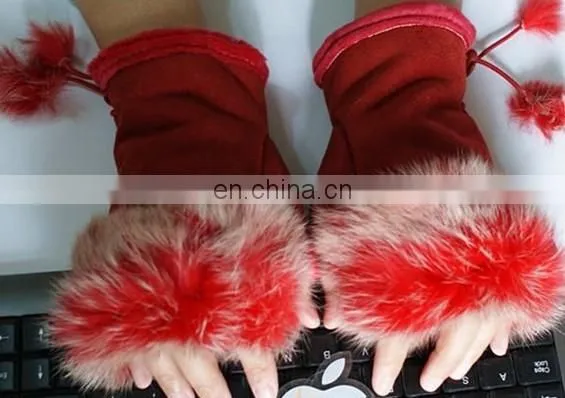 Colorful Fingerless Gloves with real Rabbit fur