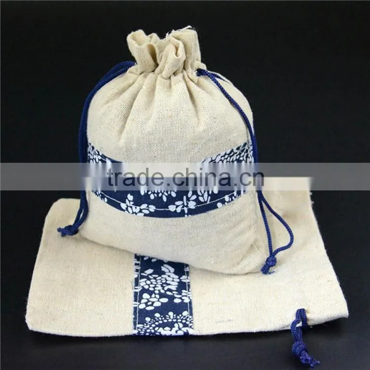 Blue Drawstring Linen Gift Pouch