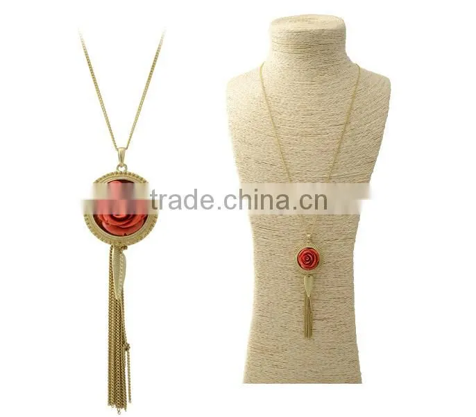 Red green black resin flower blossom pendant with alloy tassel necklace