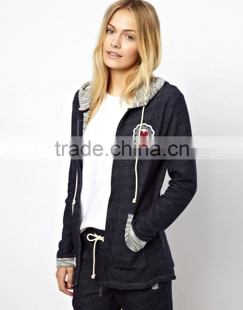 Girls Denim like Fabric Pajama Set with Hood and Chest Embroidery Applique