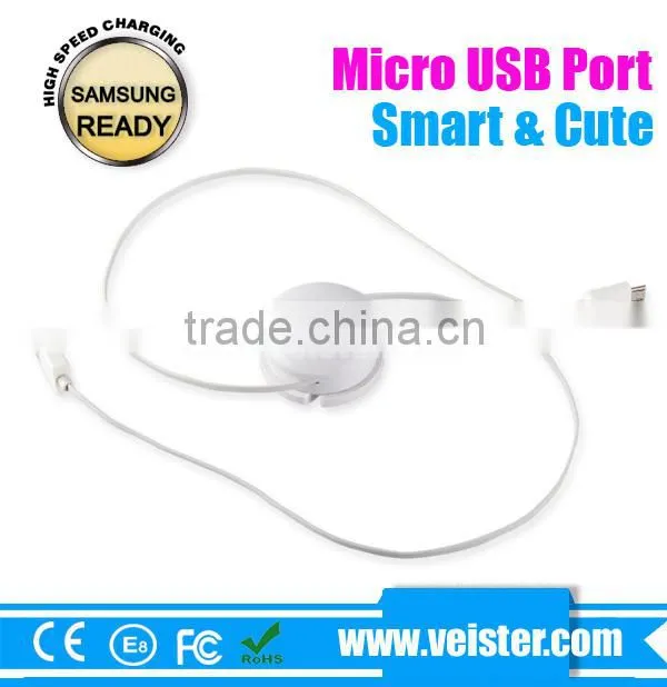 white color Charging usb date cable reel retractable USB Micro cable for Samsung Sync