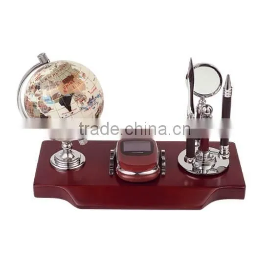 Luxury Gold Metal Globe Wooden Organizer Sets With Pen Holder And Memo Coaster