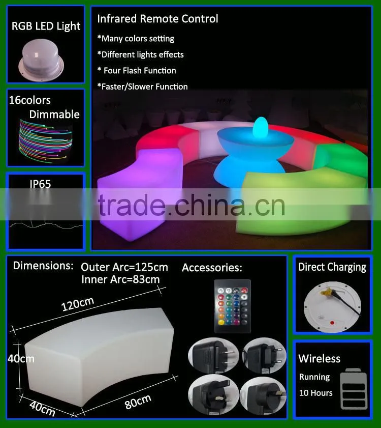 Ourdoor LED furniture LED curved bench/LED light bench with RGB 16colors changing