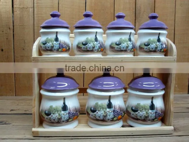 Brown Embossed 7 PCs Ceramic Food Jars Set with Bamboo Lid and Iron Stand