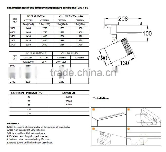 Led cob track light 110-120lm/w AC180-240V led 35w cob track spotlights for commerciallighting led track spotlights
