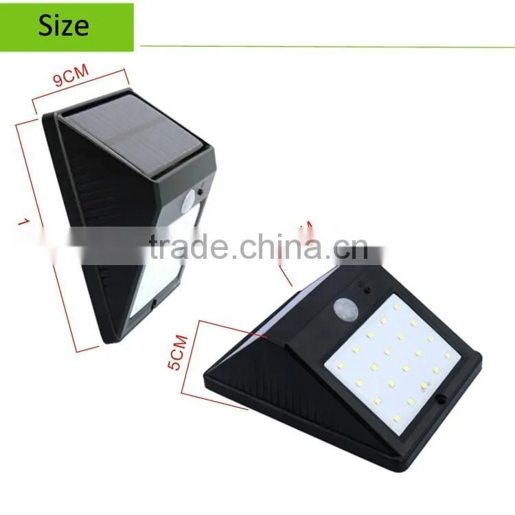 20 led triangle shape 800mah battery PIR sensor + Light control+weak light solar motion sensor light