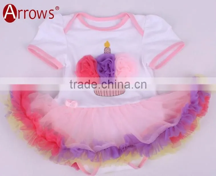 Organic Cotton Baby Girls Lace Dress Sets Short Sleeve Clothing Embroidered With Cake Pattern
