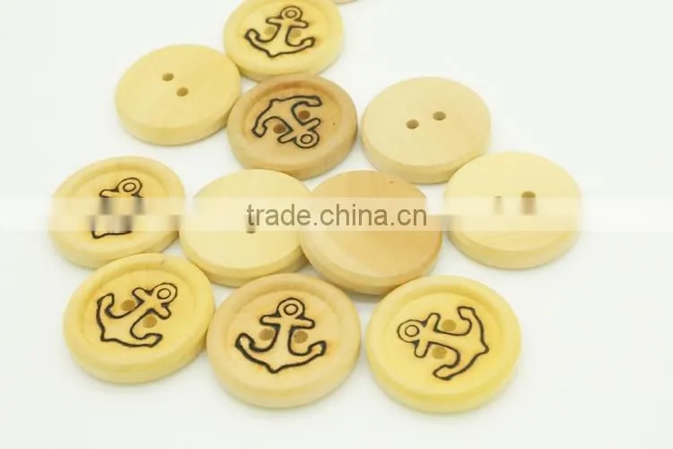 2 Holes High Quality Natural Wood Button with Anchor Figure Printed On