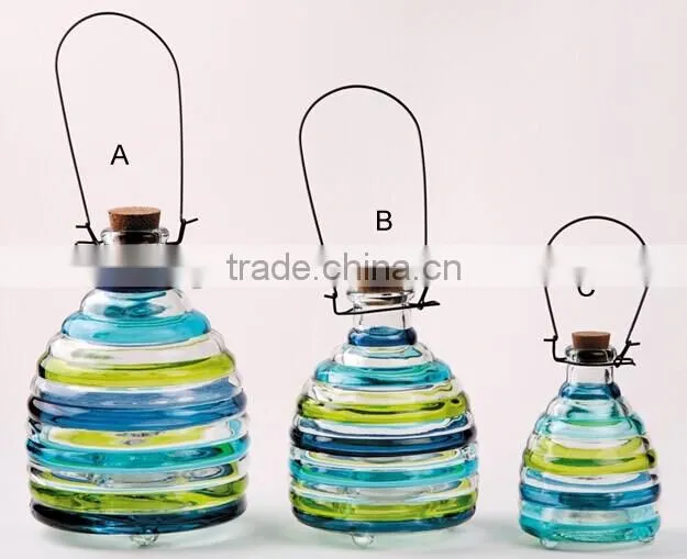 3pcs glass wasp trap with metal handle amd cork hanging glass bee catcher glassware