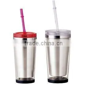 280ml/350ml/450ml stainless steel Inner steel outer plastic double layer cup with straw
