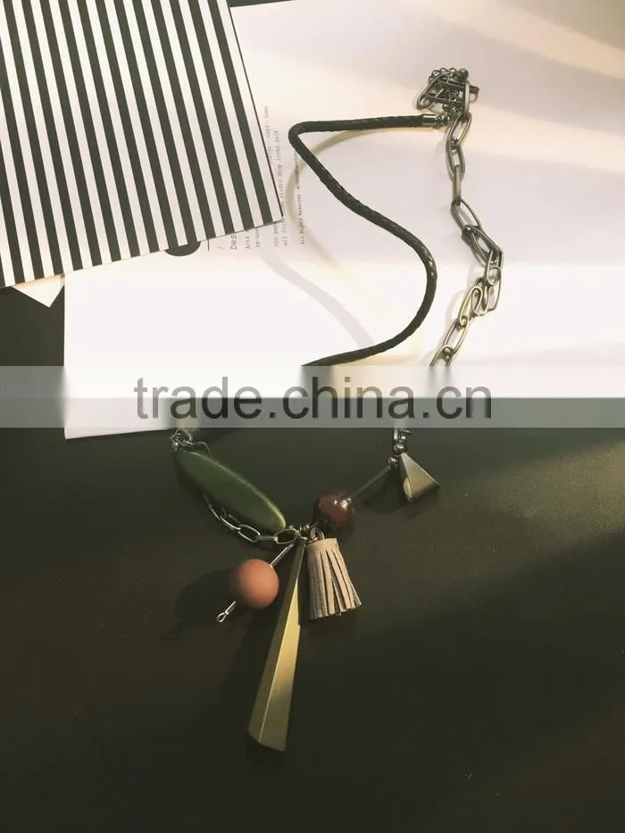 geometric wood bead rubber strip pendant necklace velvet leather tassel necklace chain linked suede leather necklace