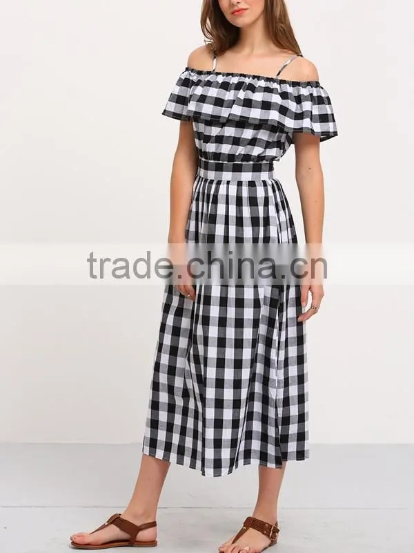 Woman Black and White Plaid Off The Shoulder Short Sleeve Summer Casual Dress