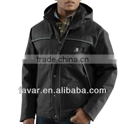 Men Black Casual Canvas Quilted Outdoor Hooded Jacket Workwear
