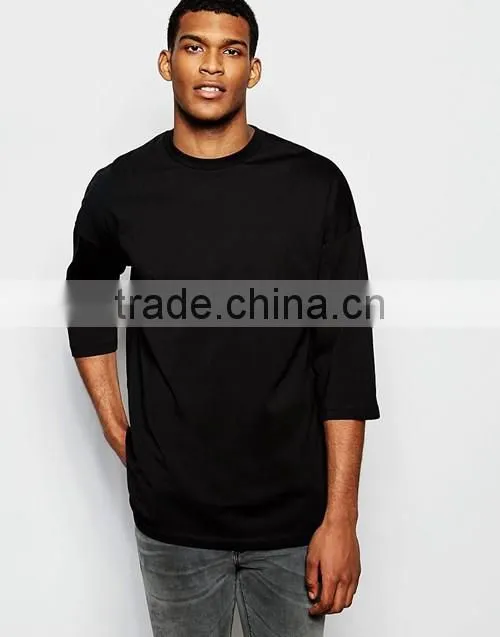 Men oversized 3/4 sleeves dropped shoulders black t-shirt OEM supplier in China
