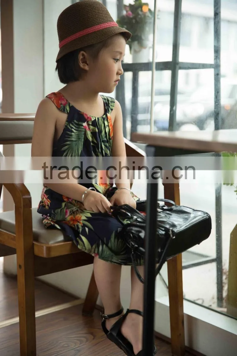 fashion 2016 girl sleeveless strap dress bright color printed flower girl dress