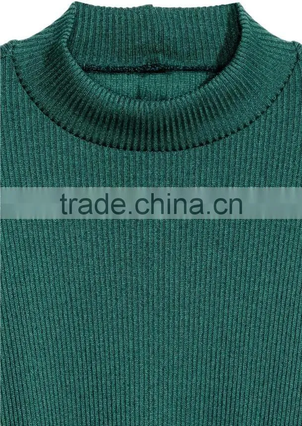 Green Ribbed Crew Neck Relax Fitted Wool Sweater Design for Girl with Dropped Sleeves