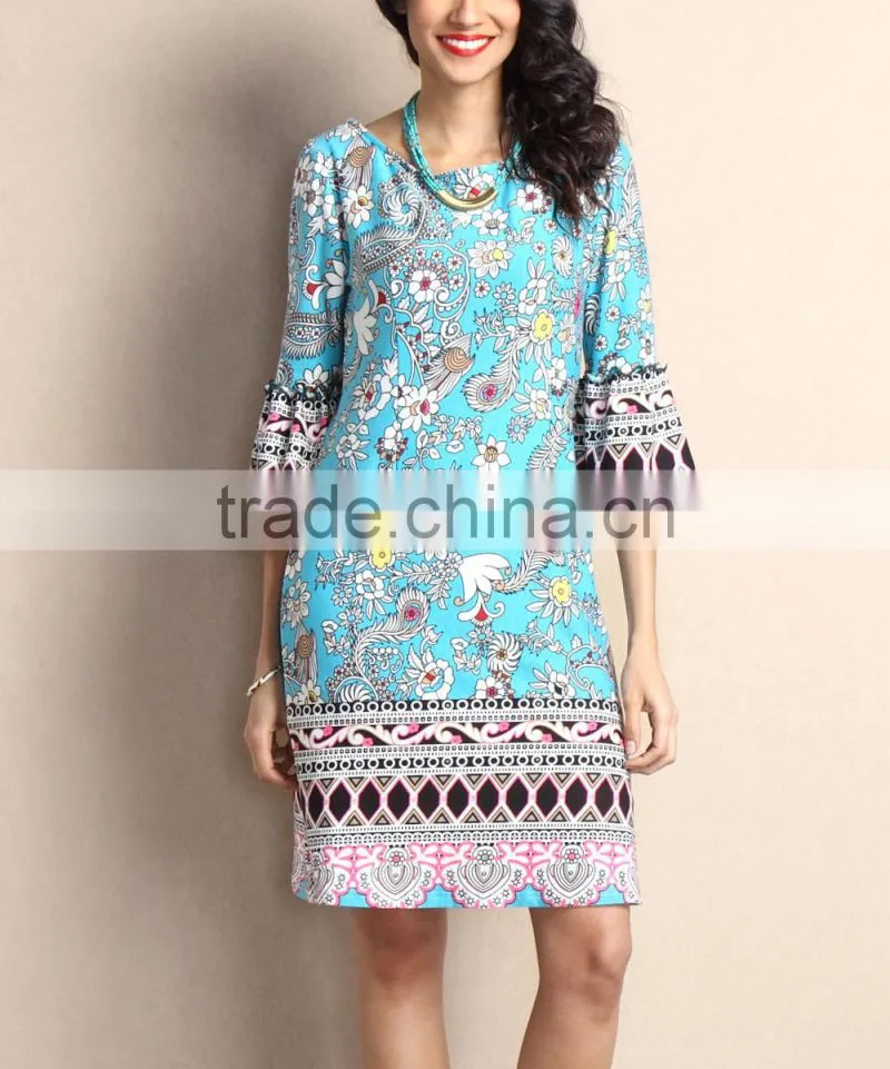 New Summer Women Dresses With Light Blue Floral Bell-Sleeve Shift Dress Women Flower Dress Women Clothes GD90426-54