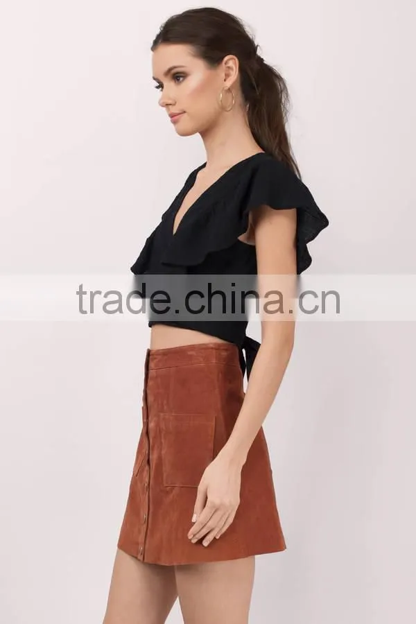 2017 latest fashion design lady clothing summer black Ruffle Sleeve Top