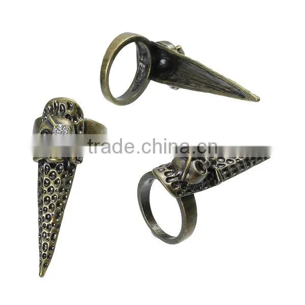 New Fashion Punk Unadjustable Fingertip Knuckle Nail Rings Antique Bronze Halloween Skull Carved Clear Rhinestone 14.7mm