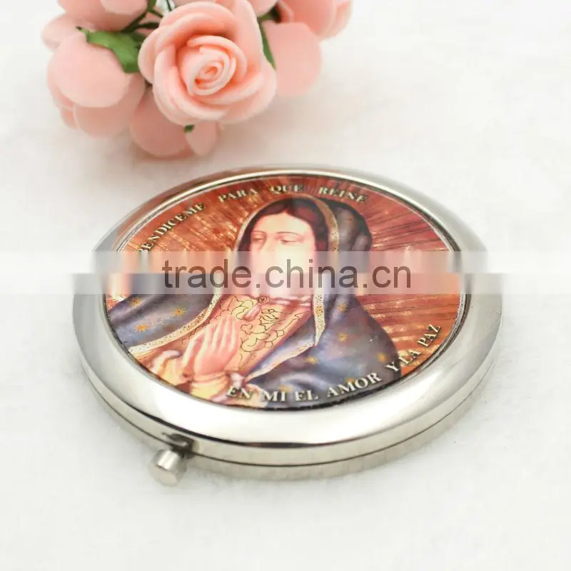 Religious metal round pocket mirror