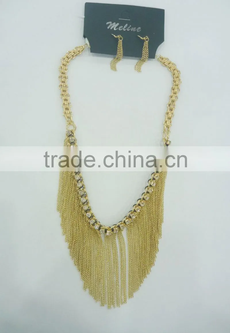 FASHION CHAIN TASSEL THREAD WRAPPED RHINESTONE NECKLACE EARRING SET
