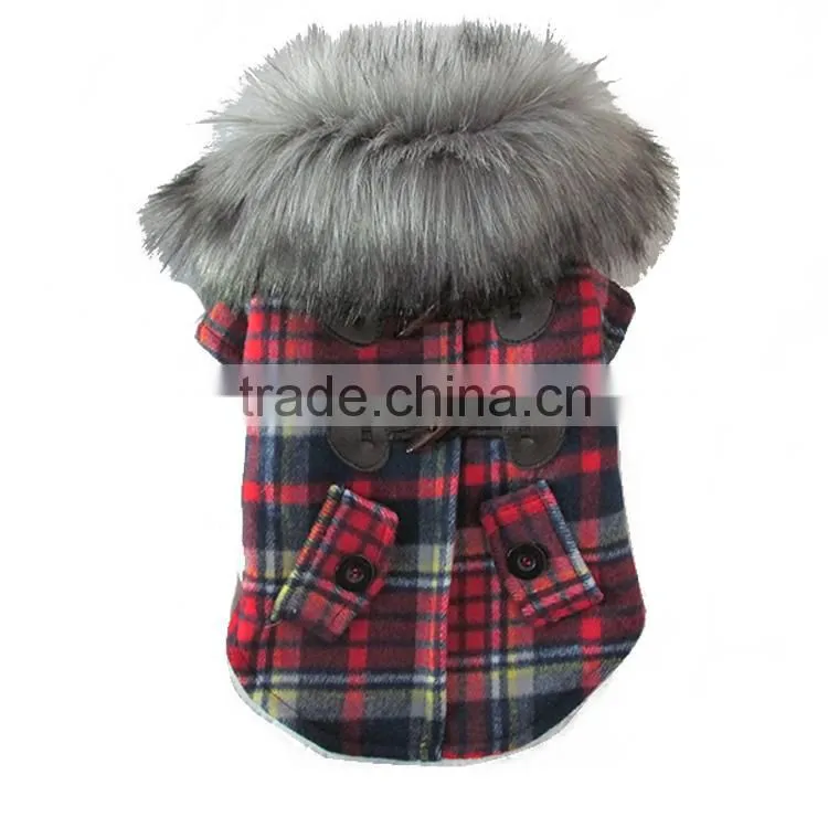 Luxury Fur Collar Horn Buttons Red and Blue Lattice Plaid Dog Coat with Extra Heavy Soft Wool Material fit for Autumn and Winter