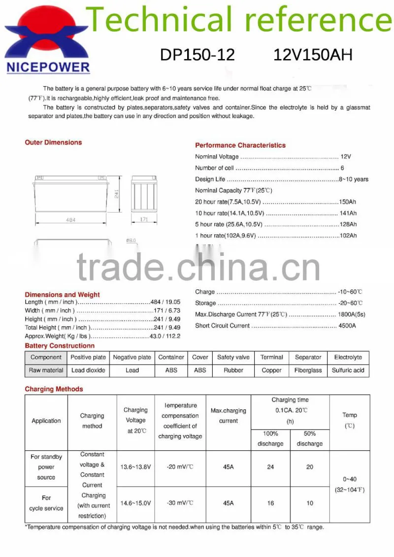Deep Cycle maintenance free Rechargeable Lead Acid Battery 12v150ah