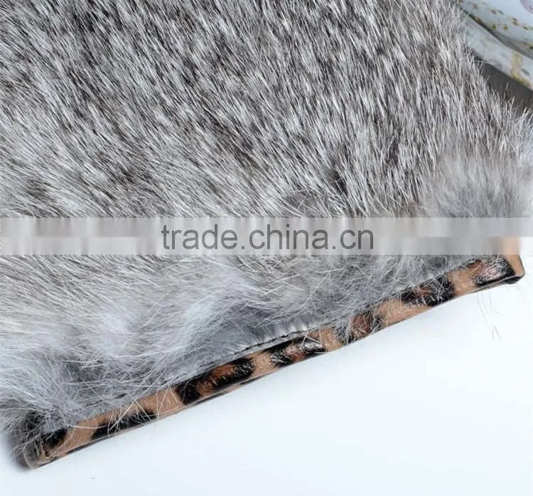 Cool Leopard Design Suede Leather Mittens Rabbit Fur Coverd Wrist Ladies Fashion