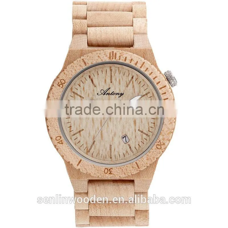 Wooden watch Maple case even strap Japan movement with calendar