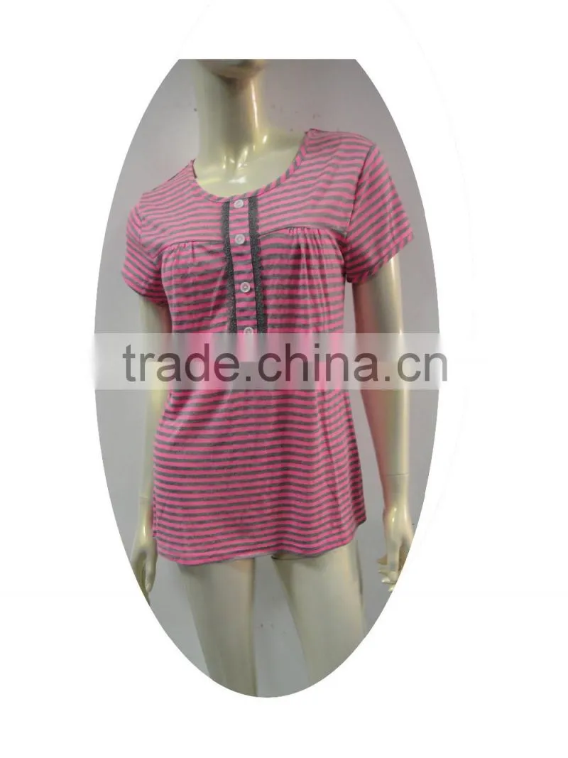 color stripe buckle fastener night-robe with lace trimming
