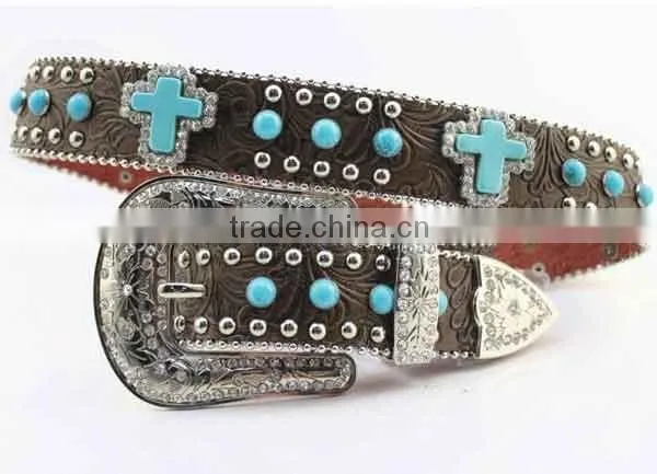 Floral Embossed Cowgirl Leather Western Turquoise Stone Studded Belts