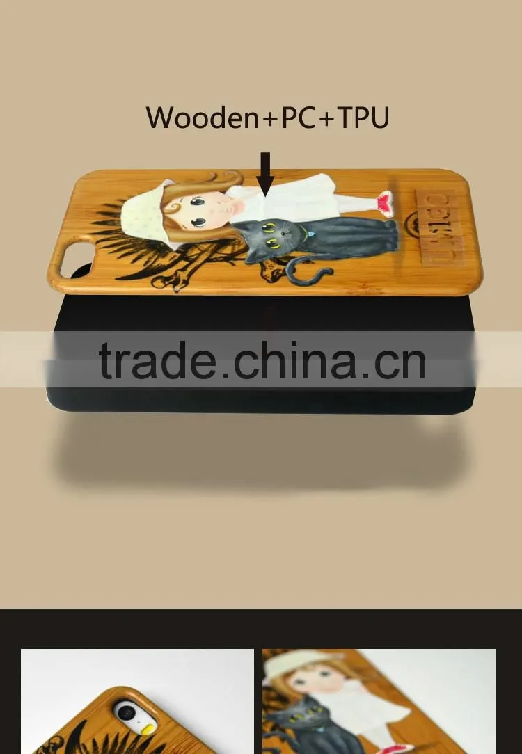 Colorful painting PC+wood case for iphone 6, new arrival back cover case For iphone 7