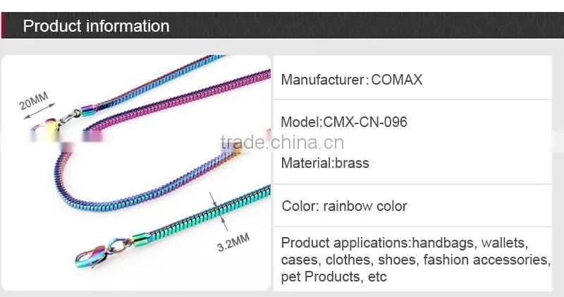 Long colorful decorative metal chain for bag