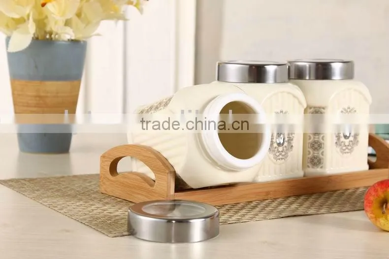 3pcs Ceramic canister set with wooden stand