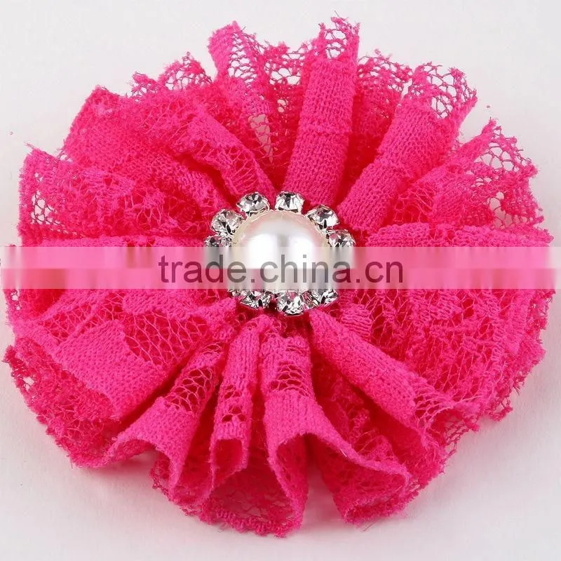 lace flower with pearl rhinestone in center for kids hair accessories