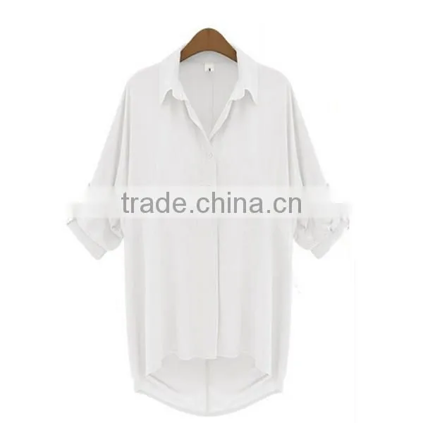 3 Colors Plus Size 2015 New Fashion Casual Women Clothing Ladies Chiffon Lapel Long Batwing Sleeve Shirt Top Blouse