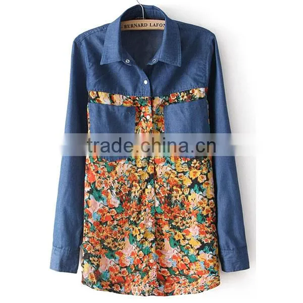 New fashion cotton denim and chiffon print long sleeves high quality garment manufacturer high quality varsity jackets suppli