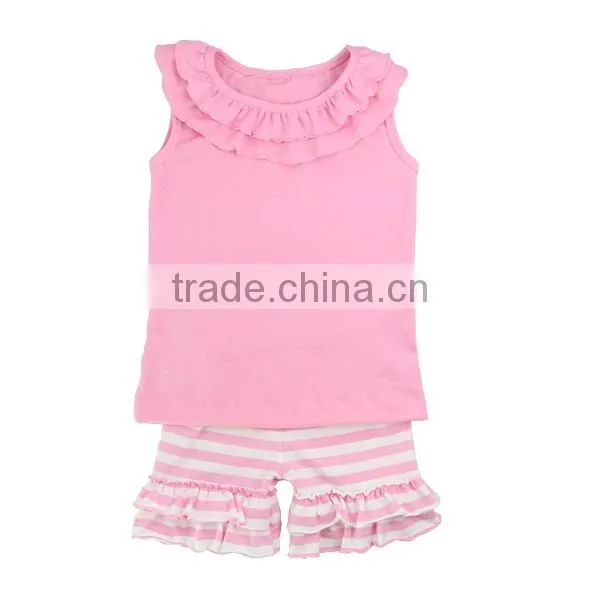 Factory wholesale girls ruffle boutique cotton lovely girls summer pink sets