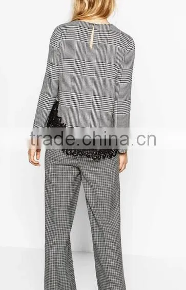 Runwaylover EY2378B Ladies 2017 Fashion Lace Splice Plaid Blouse