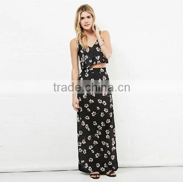 Two pieces one set print maxi long chiffon dress