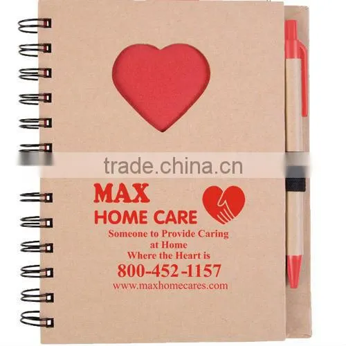 Spiral hard kraft paper cover recycle notebook with pen