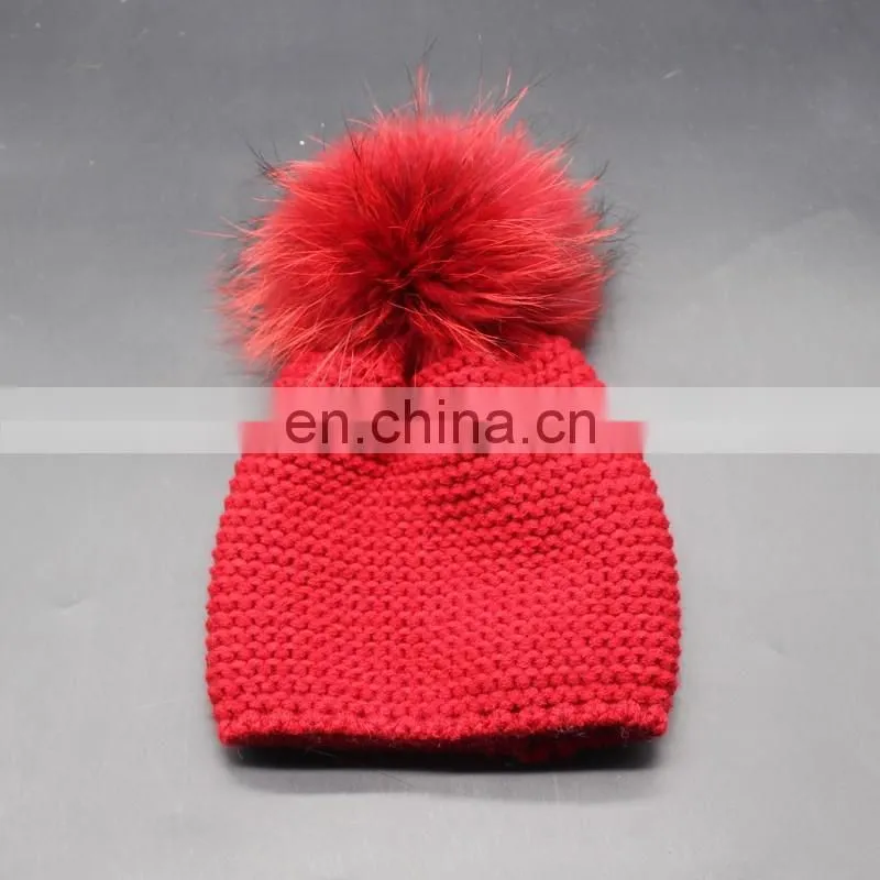 Fashion Kids Winter Knitted Raccoon Fur Pompom 100% Acrylic Knitted Beanie Hat