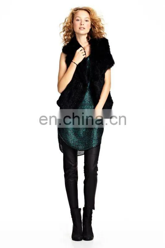 3151-BLK# Rabbit Fur Knitted Vest With Wide Flap Collar, Knit Rabbit Vest, QUALITY SUPPLIER/OEM/ODM