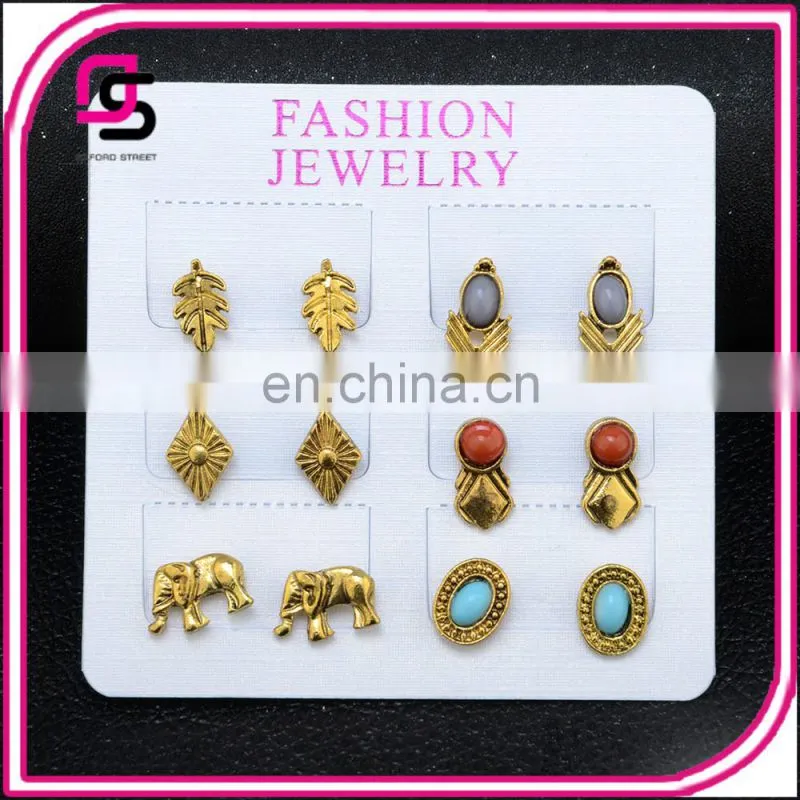 6pcs/set 2017 Europe and the United States Bohemian elephant leaves stack earrings for ladies