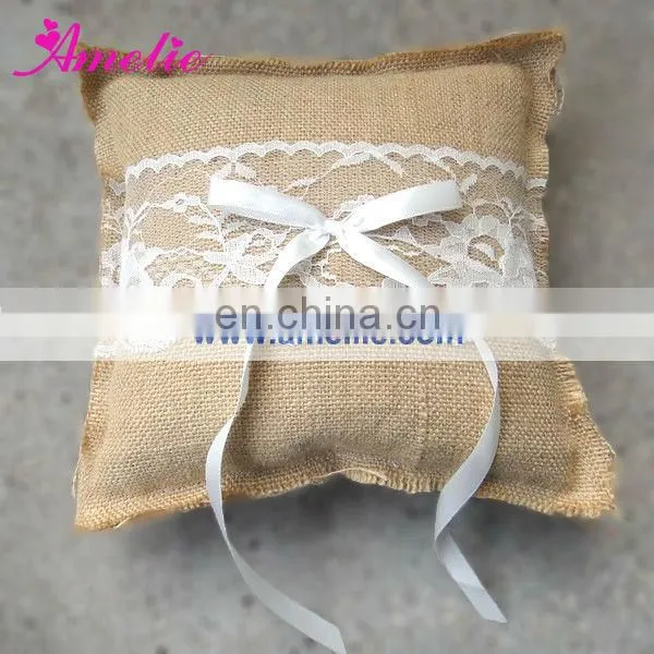 Linen With Lace Decoarted Wedding Ring Holder Pillow Set