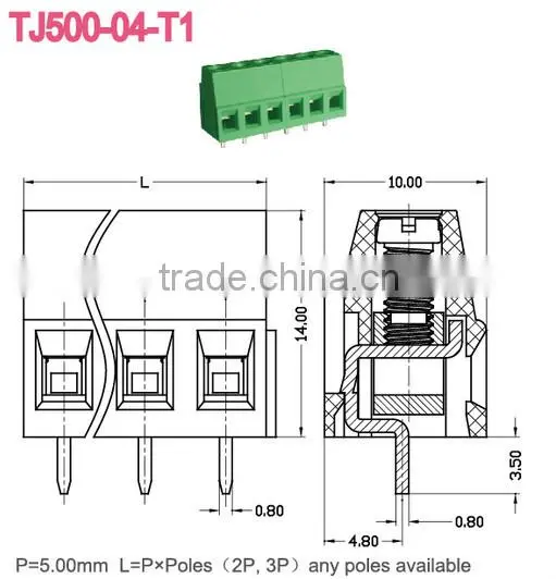 PCB Euro Terminal blocks Raising Clamp Screw series Pitch 5.0mm, 300V 10A TJ500-04-T1