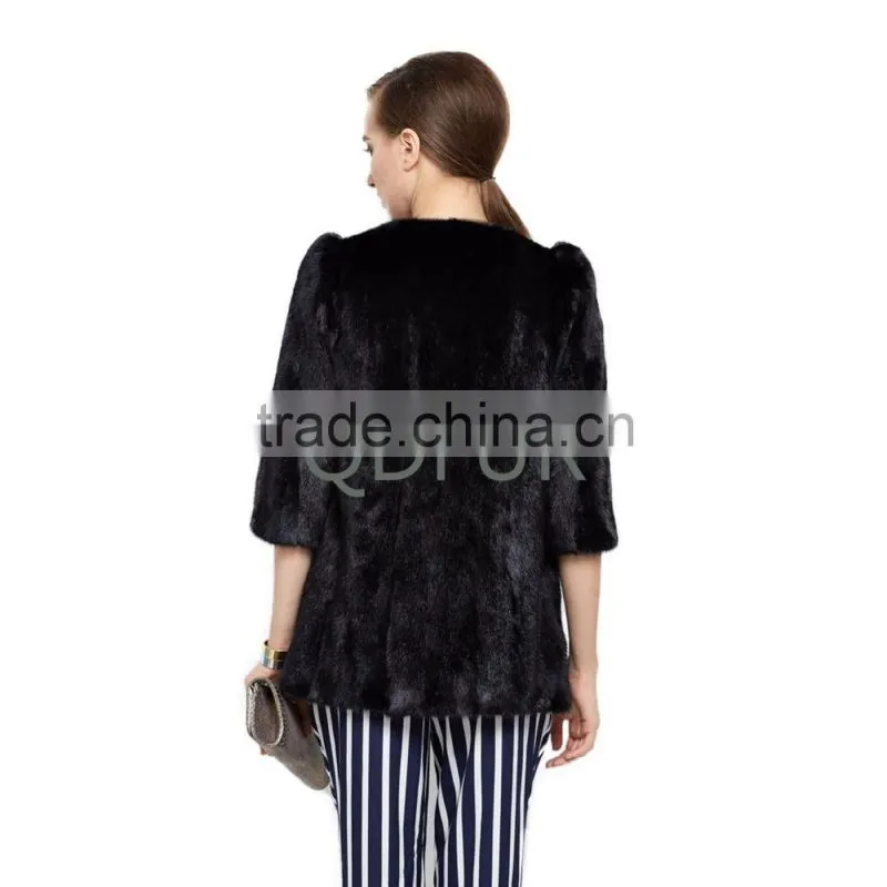 QD30972 European Mink Fur Jacket Winter Real Mink Fur Warmer Jacket with 3/4 Sleeves Black Jacket